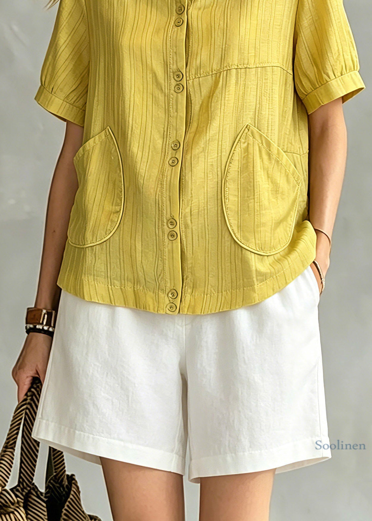 Modern Yellow Peter Pan Collar Pockets Shirt Summer