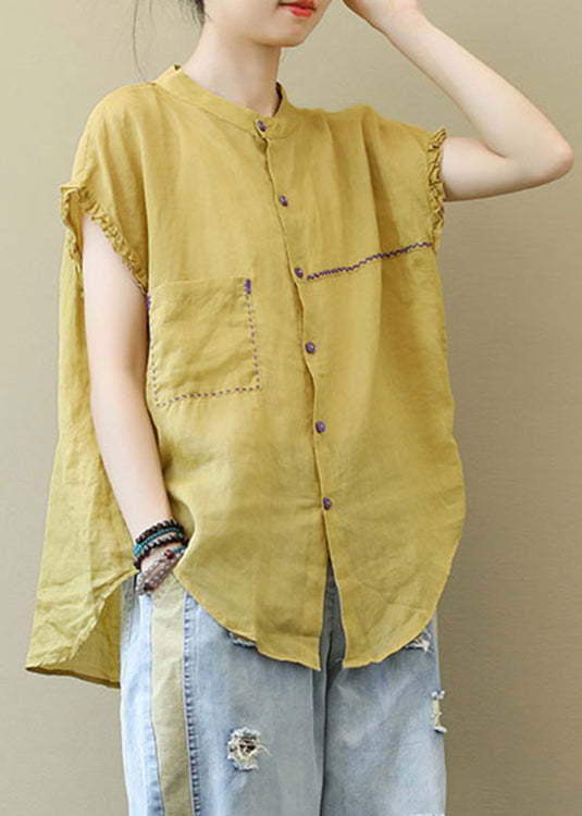 Modern Yellow Stand Collar Button Pockets Linen Blouse Top Short Sleeve
