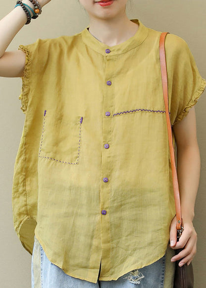 Modern Yellow Stand Collar Button Pockets Linen Blouse Top Short Sleeve