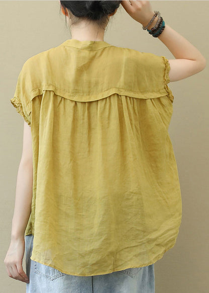 Modern Yellow Stand Collar Button Pockets Linen Blouse Top Short Sleeve