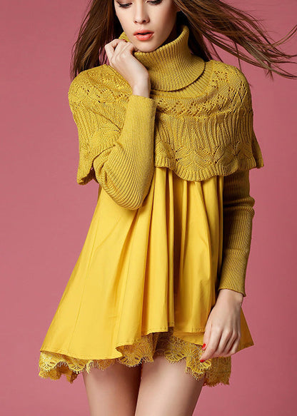Modern Yellow Turtleneck Knit Patchwork a Line Winter Sweater Dress