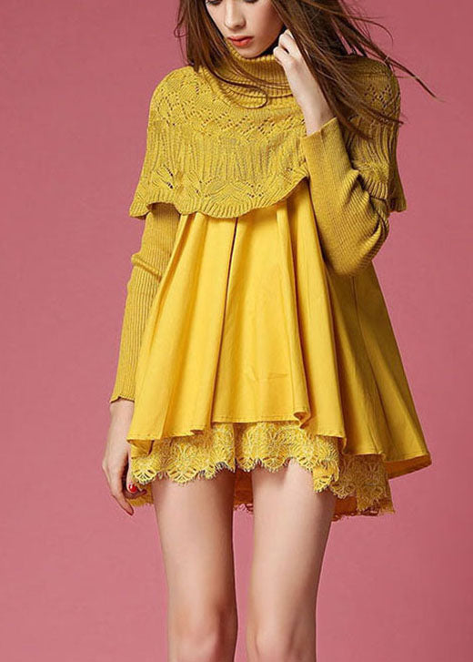 Modern Yellow Turtleneck Knit Patchwork a Line Winter Sweater Dress