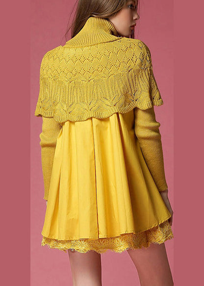 Modern Yellow Turtleneck Knit Patchwork a Line Winter Sweater Dress