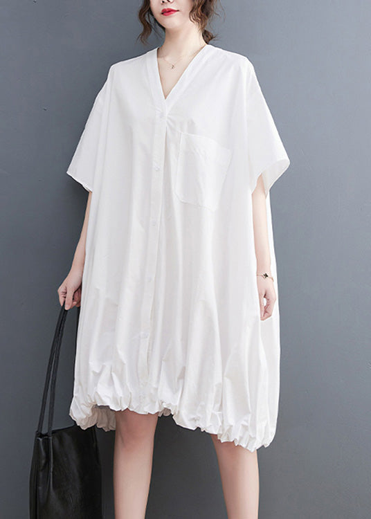 Modern Yellow V Neck Wrinkled Button Maxi Dresses Short Sleeve