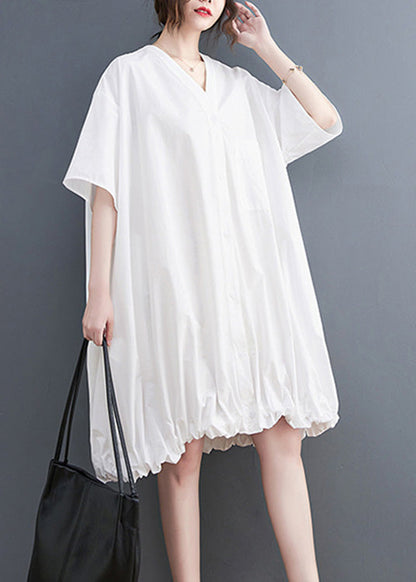 Modern Yellow V Neck Wrinkled Button Maxi Dresses Short Sleeve