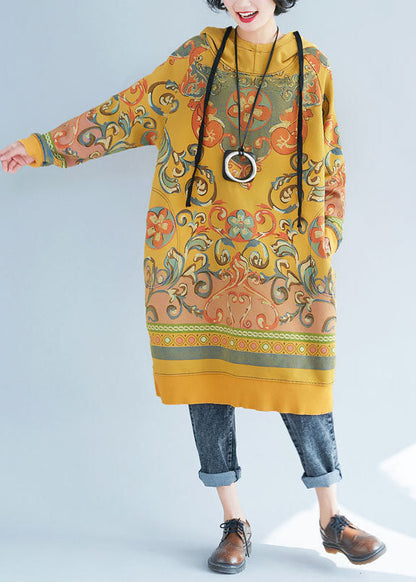 Modern Yellow Drawstring Hooded Pullover Dresses Spring