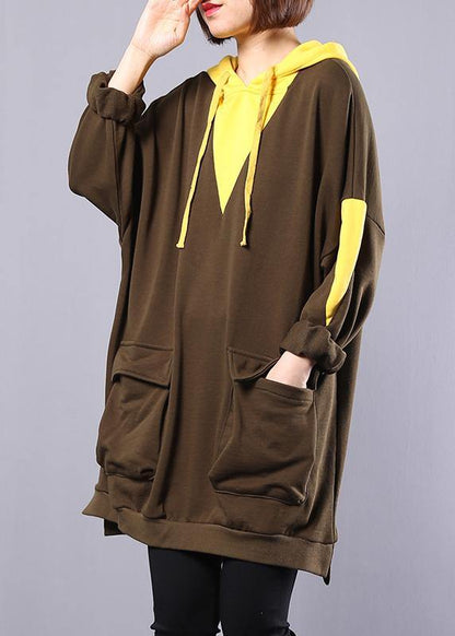 Modern Army Green Patchwork Cotton Blouse Hooded Oversized Autumn Tops