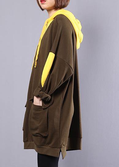 Modern Army Green Patchwork Cotton Blouse Hooded Oversized Autumn Tops