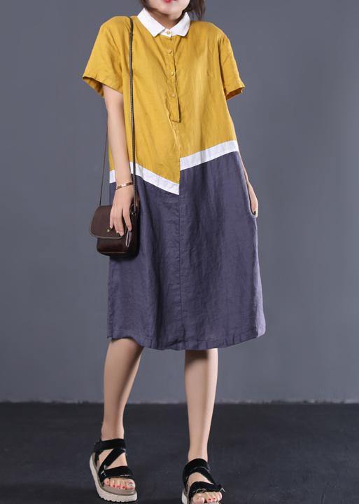 Modern Asymmetric Patchwork Linen Clothes Neckline Yellow Polo Collar Cotton Dresses Summer