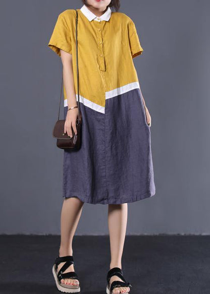 Modern Asymmetric Patchwork Linen Clothes Neckline Yellow Polo Collar Cotton Dresses Summer