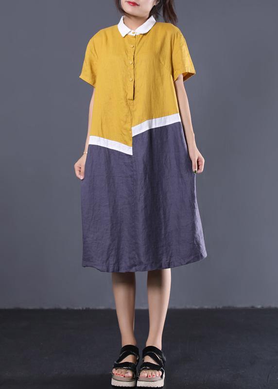 Modern Asymmetric Patchwork Linen Clothes Neckline Yellow Polo Collar Cotton Dresses Summer