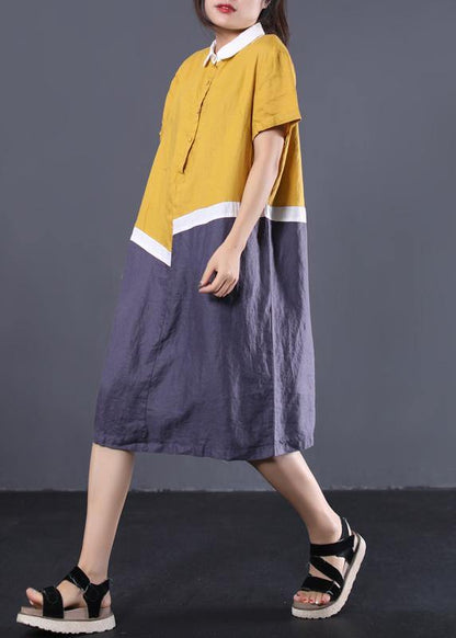 Modern Asymmetric Patchwork Linen Clothes Neckline Yellow Polo Collar Cotton Dresses Summer