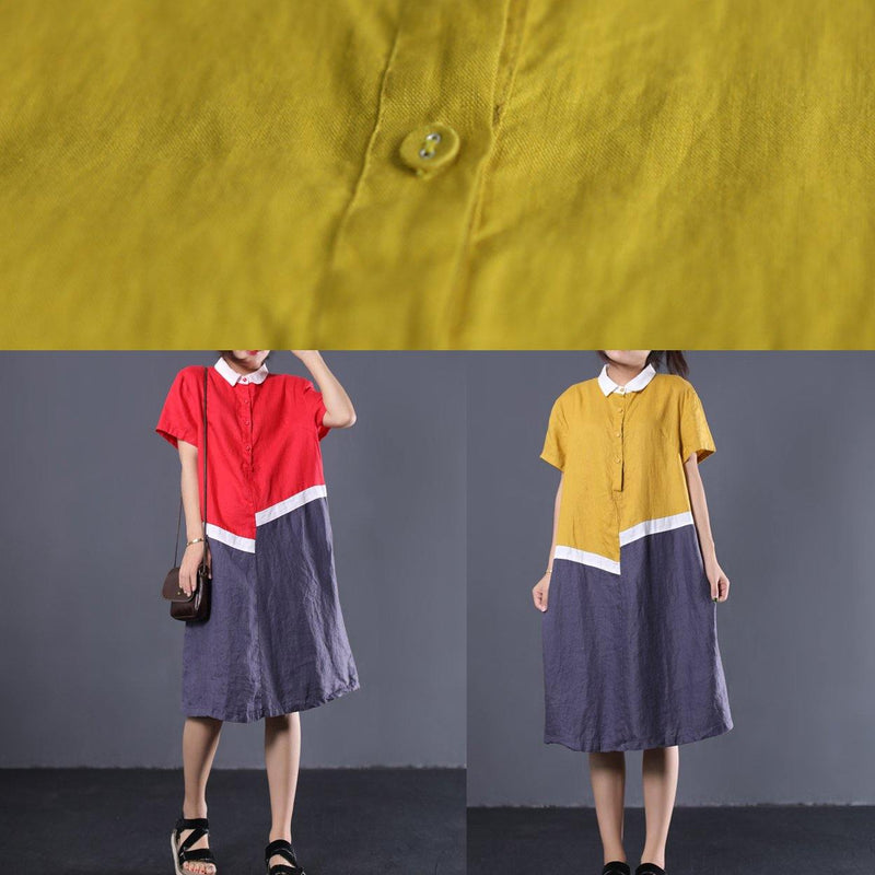 Modern Asymmetric Patchwork Linen Clothes Neckline Yellow Polo Collar Cotton Dresses Summer