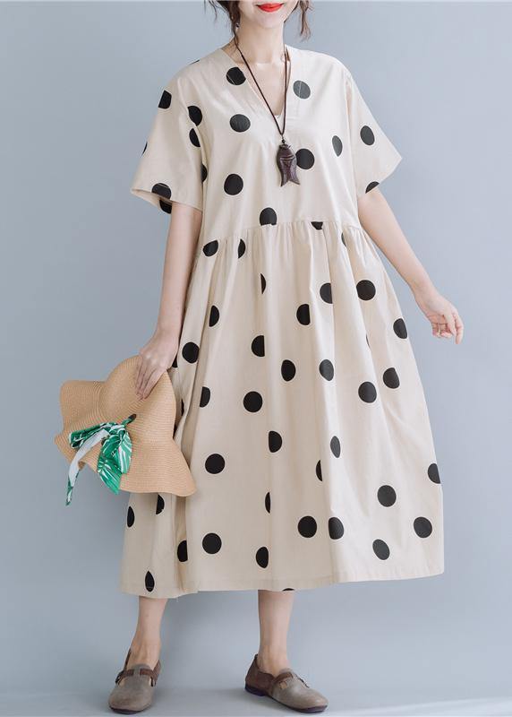 Modern Beige Dotted Cotton Tunics V Neck Long Summer Dress