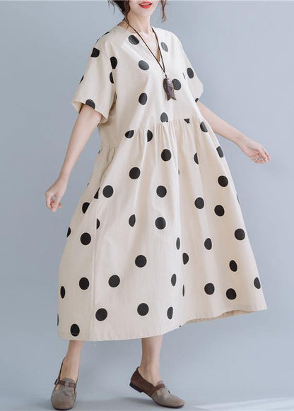 Modern Beige Dotted Cotton Tunics V Neck Long Summer Dress