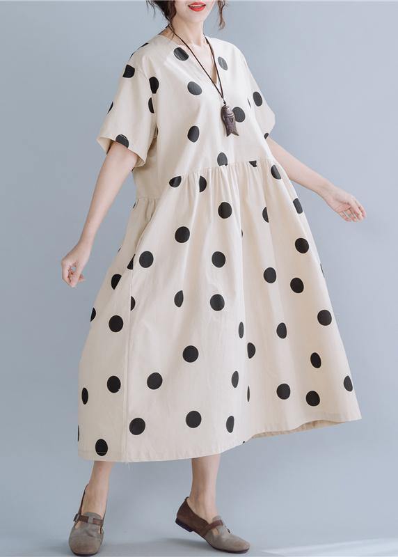 Modern Beige Dotted Cotton Tunics V Neck Long Summer Dress