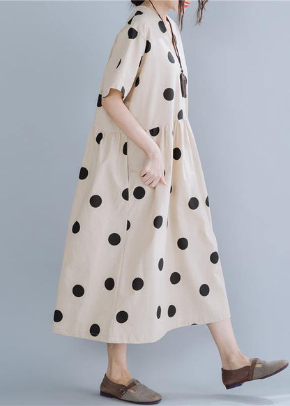 Modern Beige Dotted Cotton Tunics V Neck Long Summer Dress