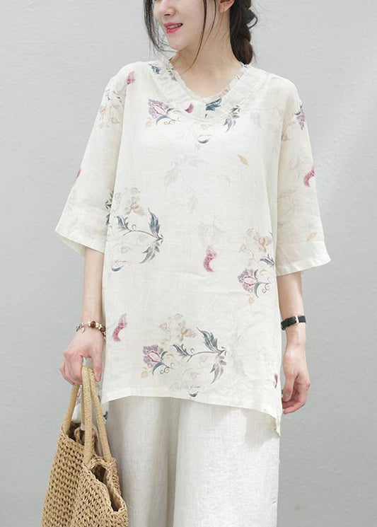 Modern Beige Print Linen Tunics for V Neck Half Sleeve Baggy Summer Blouse