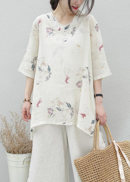 Modern Beige Print Linen Tunics for V Neck Half Sleeve Baggy Summer Blouse
