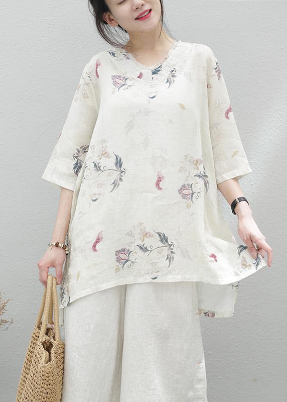 Modern Beige Print Linen Tunics for V Neck Half Sleeve Baggy Summer Blouse