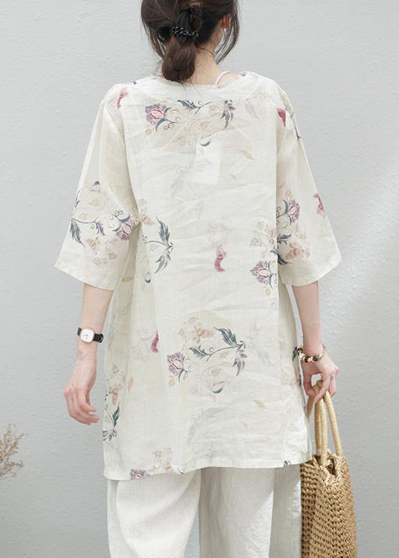 Modern Beige Print Linen Tunics for V Neck Half Sleeve Baggy Summer Blouse