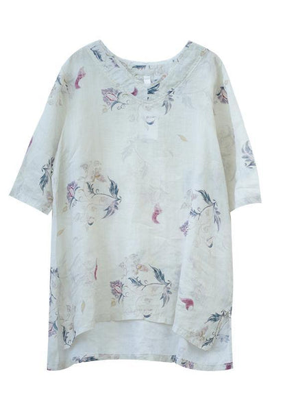 Modern Beige Print Linen Tunics for V Neck Half Sleeve Baggy Summer Blouse