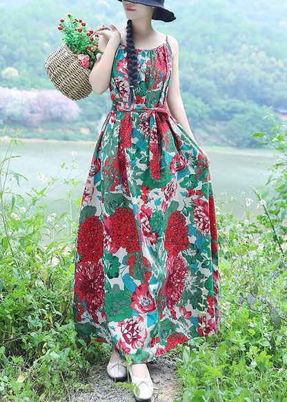 Modern Big Hem Cotton Clothes Tunic Tops Green Prints Dresses Summer