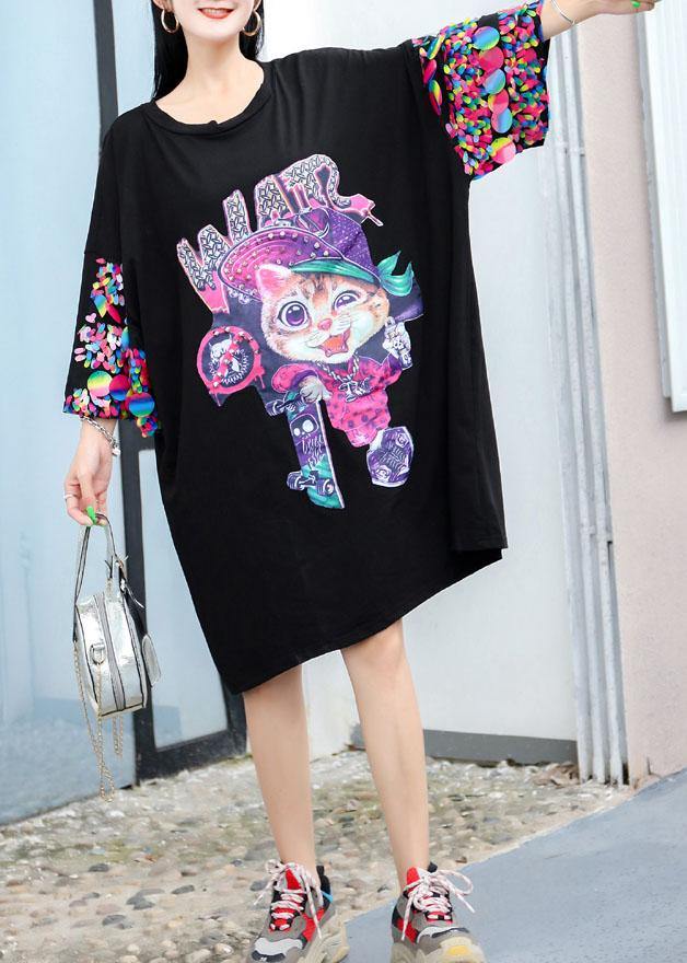 Modern Black Cartoon Print Cotton Dress Appliques Sleeve Cotton Summer Dresses