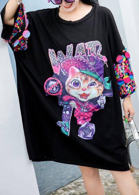 Modern Black Cartoon Print Cotton Dress Appliques Sleeve Cotton Summer Dresses