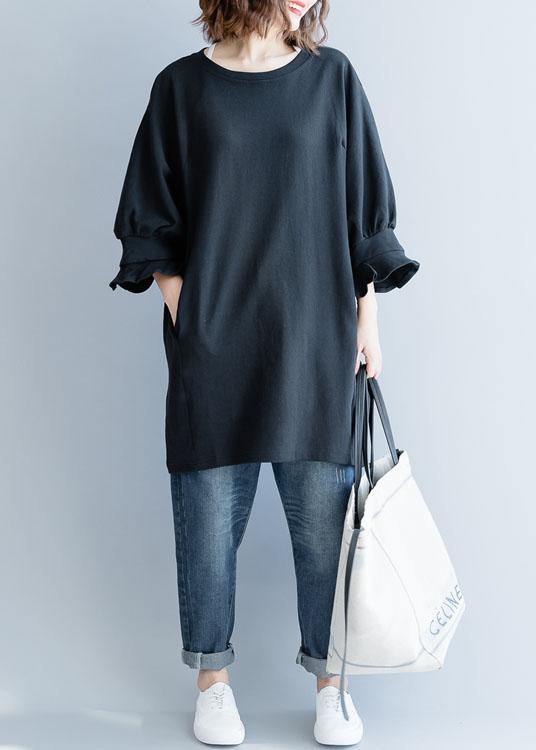 Modern Black Cotton Tunic Lantern Sleeve Daily Fall Dress