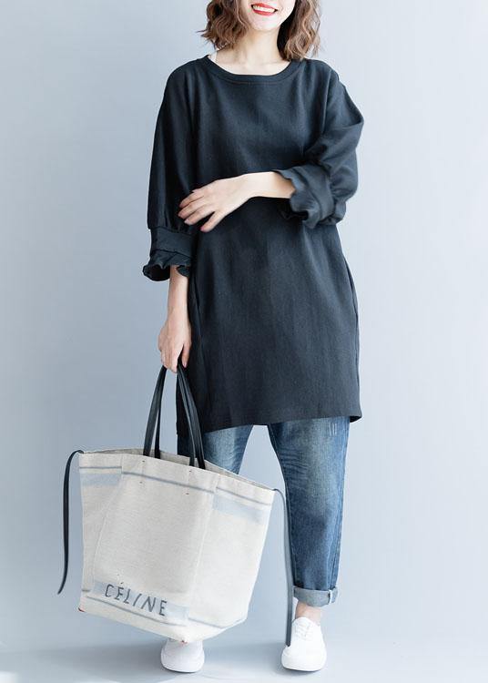 Modern Black Cotton Tunic Lantern Sleeve Daily Fall Dress