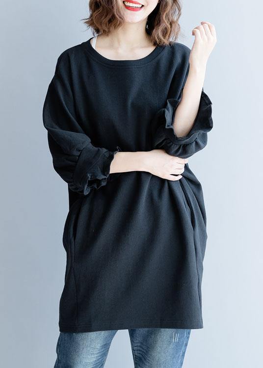 Modern Black Cotton Tunic Lantern Sleeve Daily Fall Dress