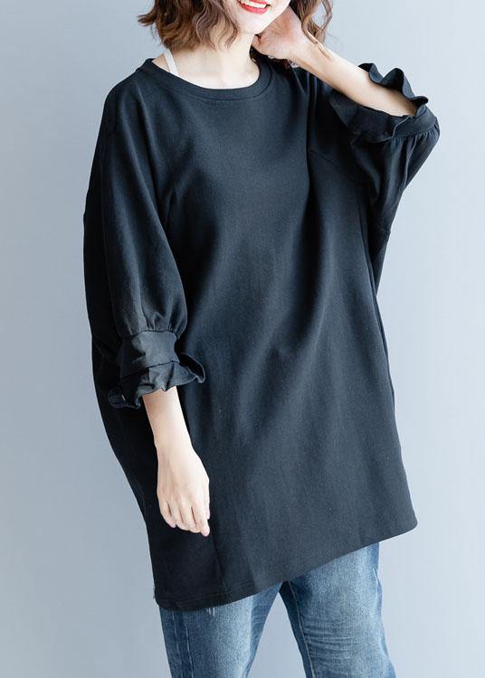 Modern Black Cotton Tunic Lantern Sleeve Daily Fall Dress