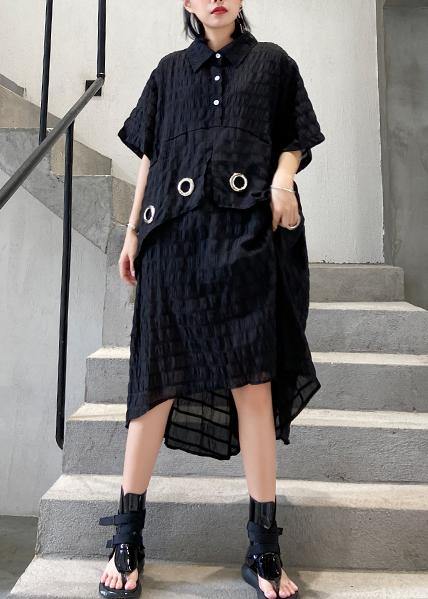 Modern Black Cotton Tunic Lapel Low High Design Midi Summer Dress