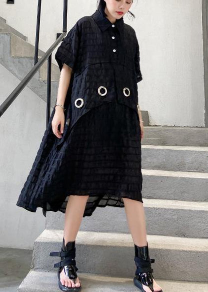 Modern Black Cotton Tunic Lapel Low High Design Midi Summer Dress