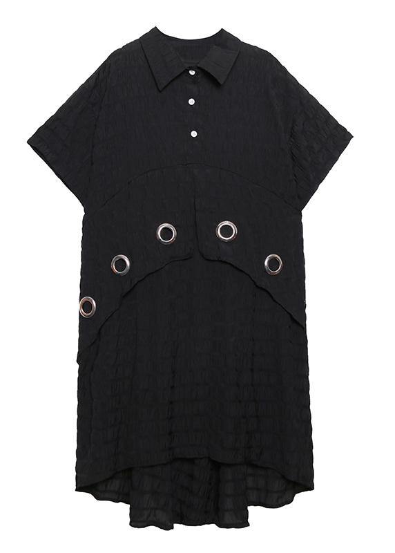 Modern Black Cotton Tunic Lapel Low High Design Midi Summer Dress
