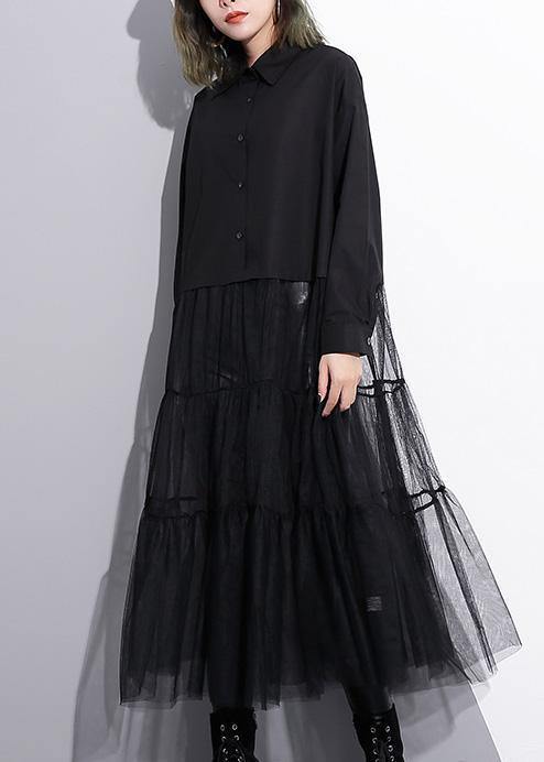 Modern Black Cotton Patchwork Tulle Fine Runway Lapel False Two Pieces Cotton Summer Dresses