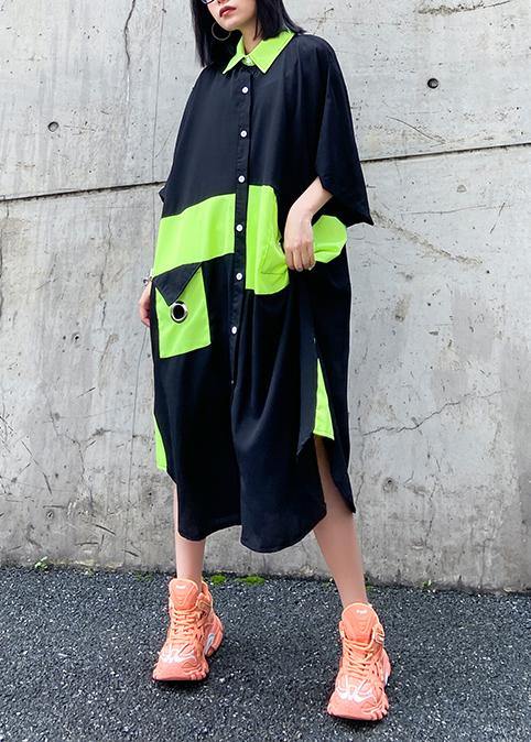 Modern Black Cotton Quilting Dresses Lapel Patchwork Baggy Summer Dresses