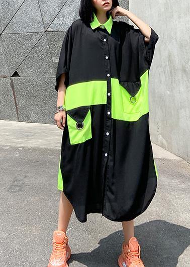Modern Black Cotton Quilting Dresses Lapel Patchwork Baggy Summer Dresses