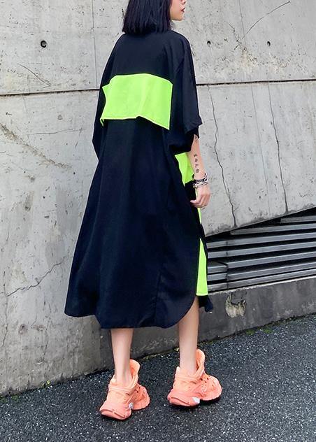 Modern Black Cotton Quilting Dresses Lapel Patchwork Baggy Summer Dresses