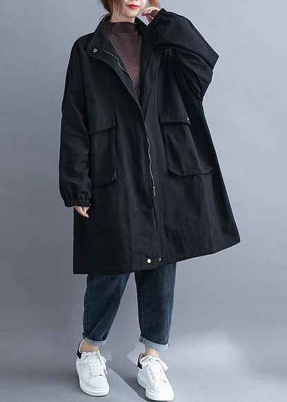 Modern Black Fine Coats Blouses Neckline Stand Collar Large Pockets Outwears
