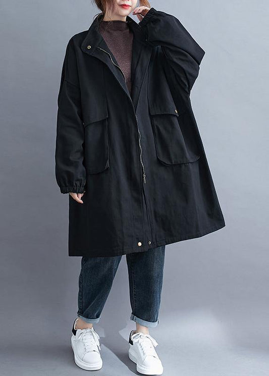 Modern Black Fine Coats Blouses Neckline Stand Collar Large Pockets Outwears