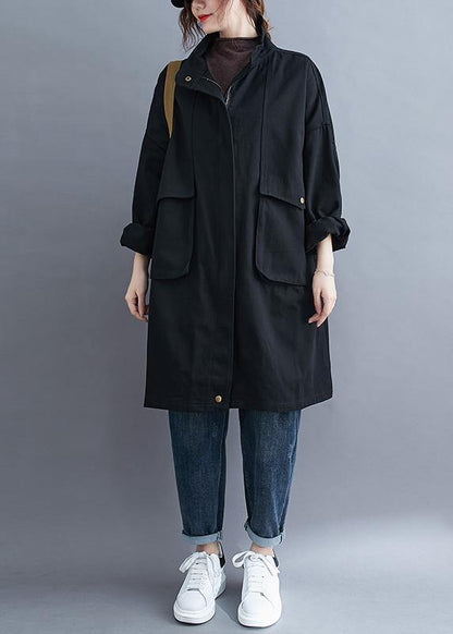 Modern Black Fine Coats Blouses Neckline Stand Collar Large Pockets Outwears