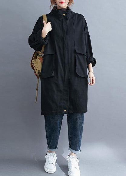 Modern Black Fine Coats Blouses Neckline Stand Collar Large Pockets Outwears
