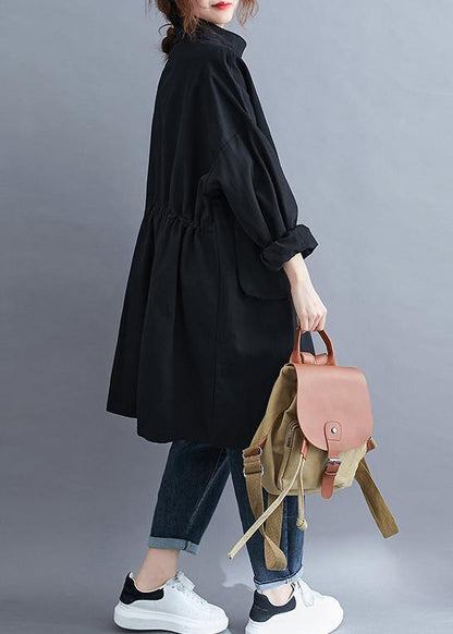 Modern Black Fine Coats Blouses Neckline Stand Collar Large Pockets Outwears