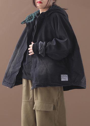 Modern Black Fine Crane Coat Photography Denim Hooded Short Coats