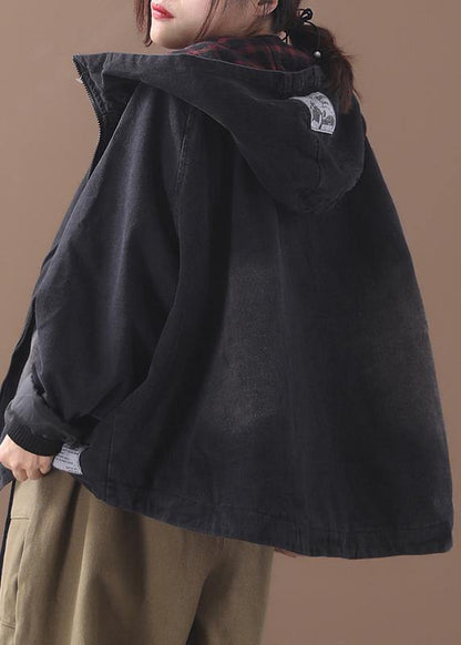 Modern Black Fine Crane Coat Photography Denim Hooded Short Coats