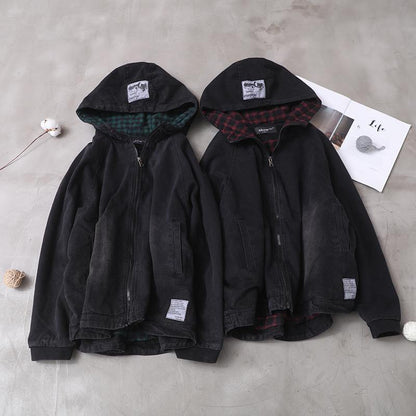 Modern Black Fine Crane Coat Photography Denim Hooded Short Coats