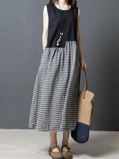 Modern Black Plaid Cotton Linen Dresses O Neck Sleeveless Patchwork Maxi Dresses
