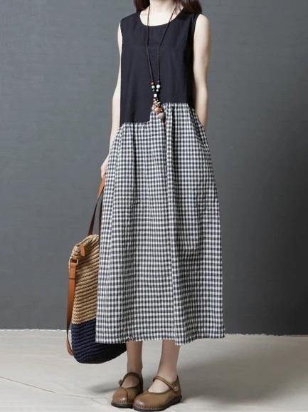 Modern Black Plaid Cotton Linen Dresses O Neck Sleeveless Patchwork Maxi Dresses